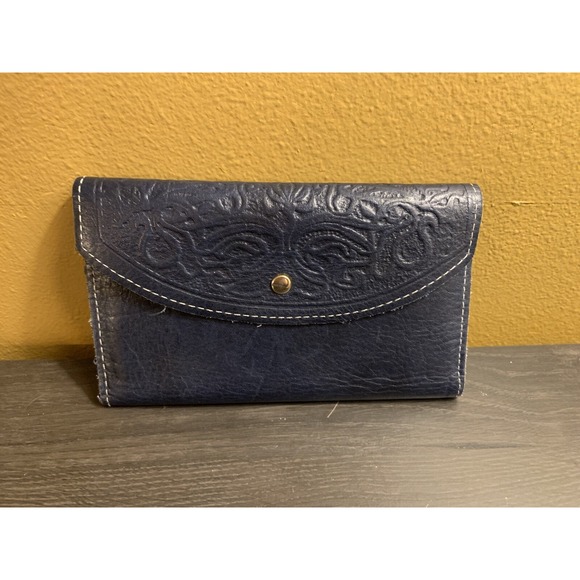 Handbags - VTG Sandalwood Cowhide Brazil Tooled Navy Blue Leather Trifold Wallet-7x4‎